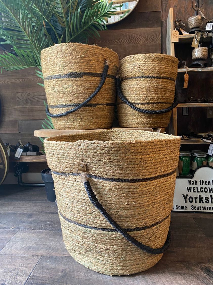 Natural Straw Basket with Black Stripes & Handle