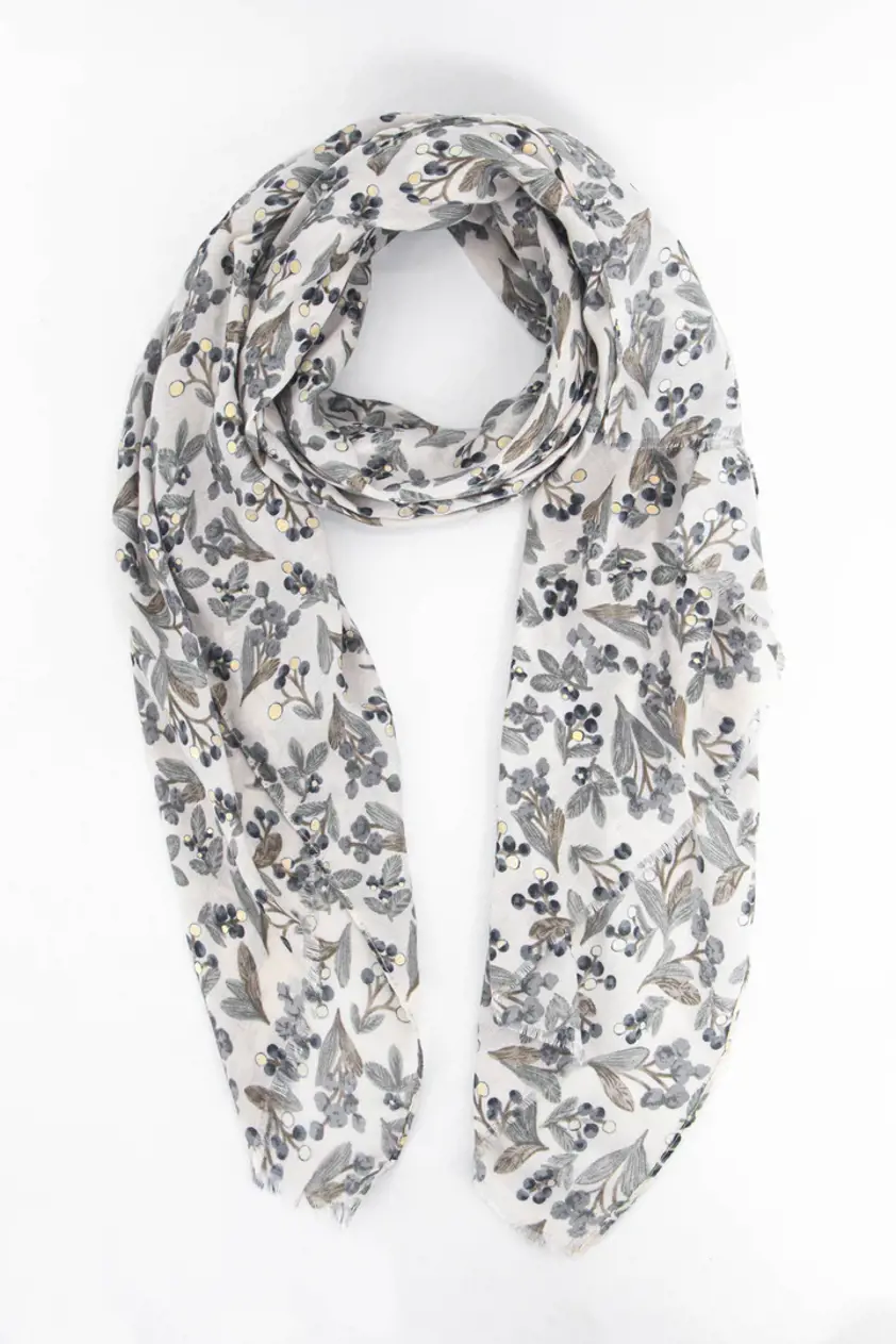 Marie Lightweight Scarf White Floral Leaf Print with Foil Detail