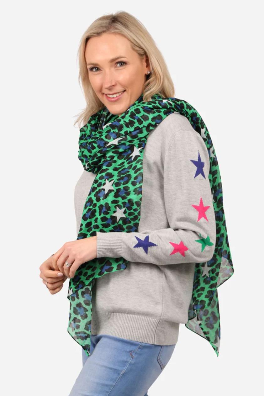 Green Leopard and Star Print Cotton Scarf