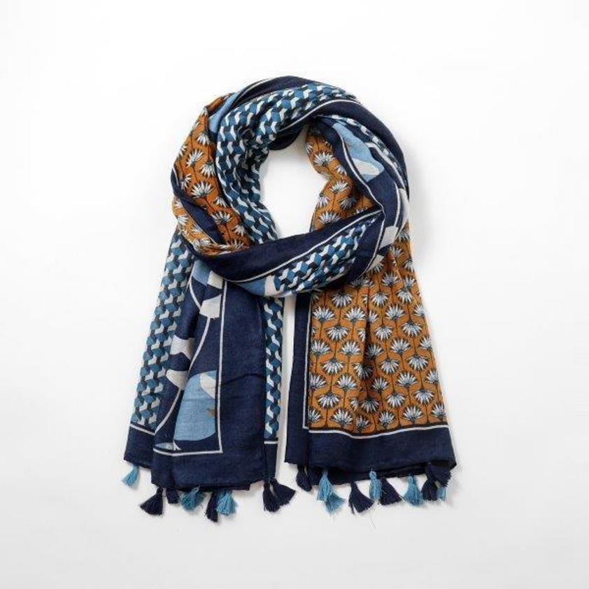 Patched Floral Print Blue Scarf