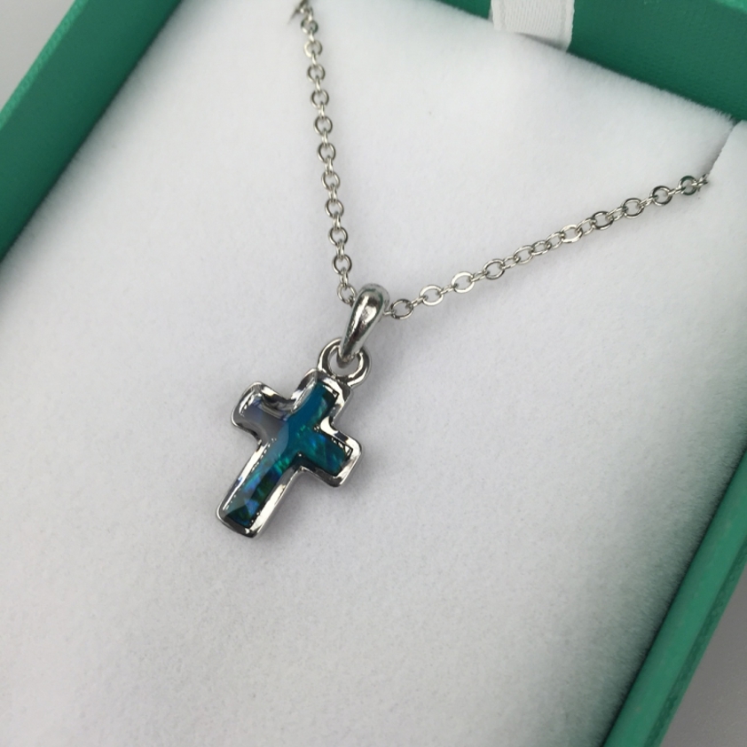 Cross Pendant Necklace - Blue Paua Shell