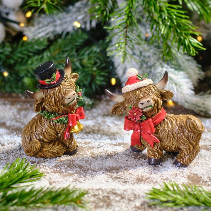 Santa Hat Christmas Resin Highland Cow With Hat And Scarf Ornament 2 Asstd