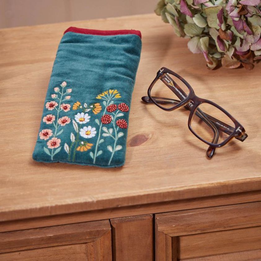 Floral Home Glasses Case Blue Velvet Embroidered & Beaded