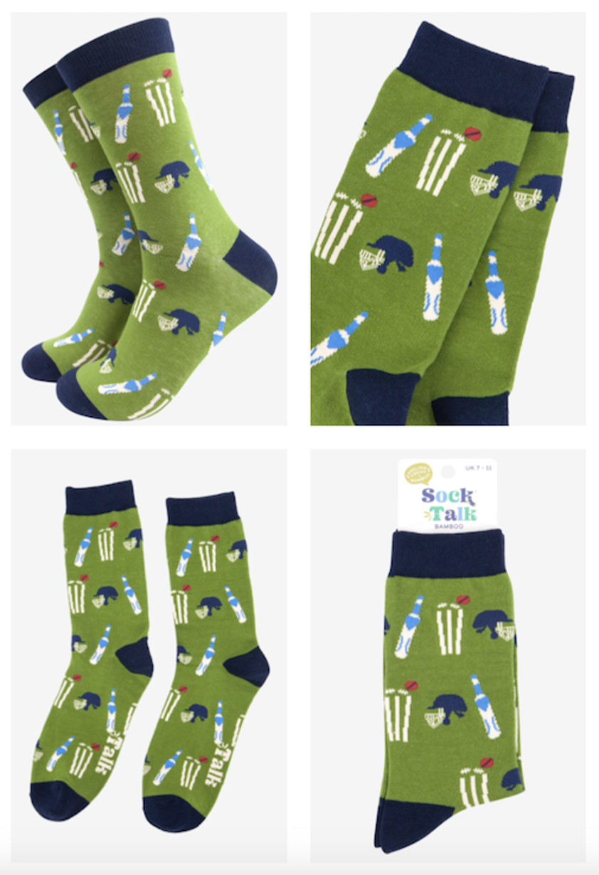 Men's Cricket Kit and Stumps Print Bamboo Socks in Green Navy Blue