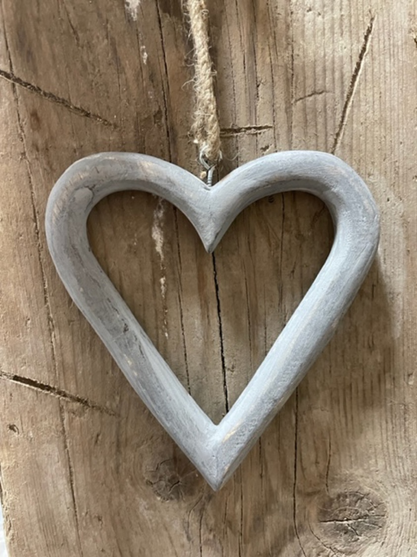 Carved Wood open Heart antique grey