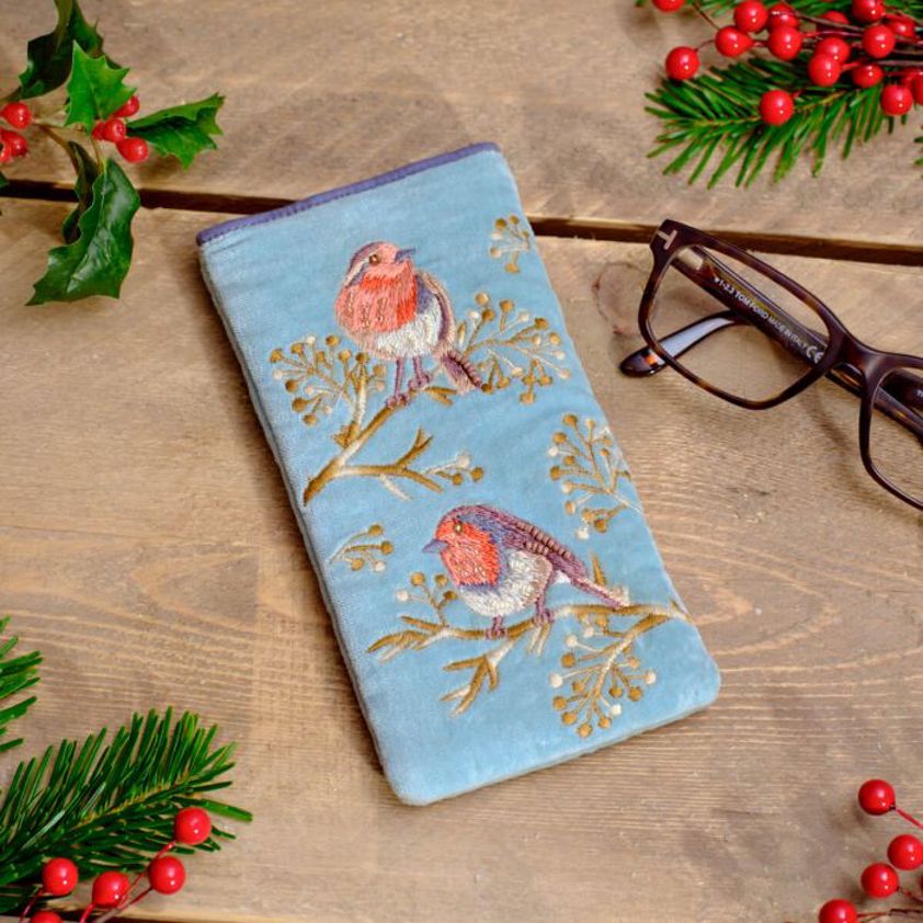 Festive Robin Velvet Glasses Case With Embroidery And Beads