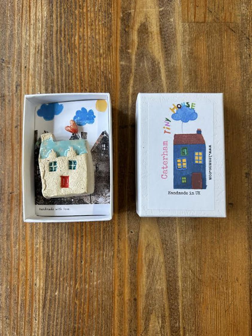 Blue Roof Heart Handmade miniature cottages, in a Caterham Tiny House Box