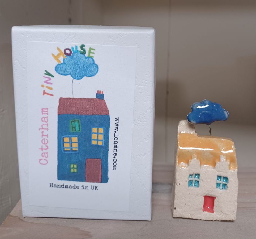 Beige Roof Cloud Handmade miniature cottages, in a Caterham Tiny House Box