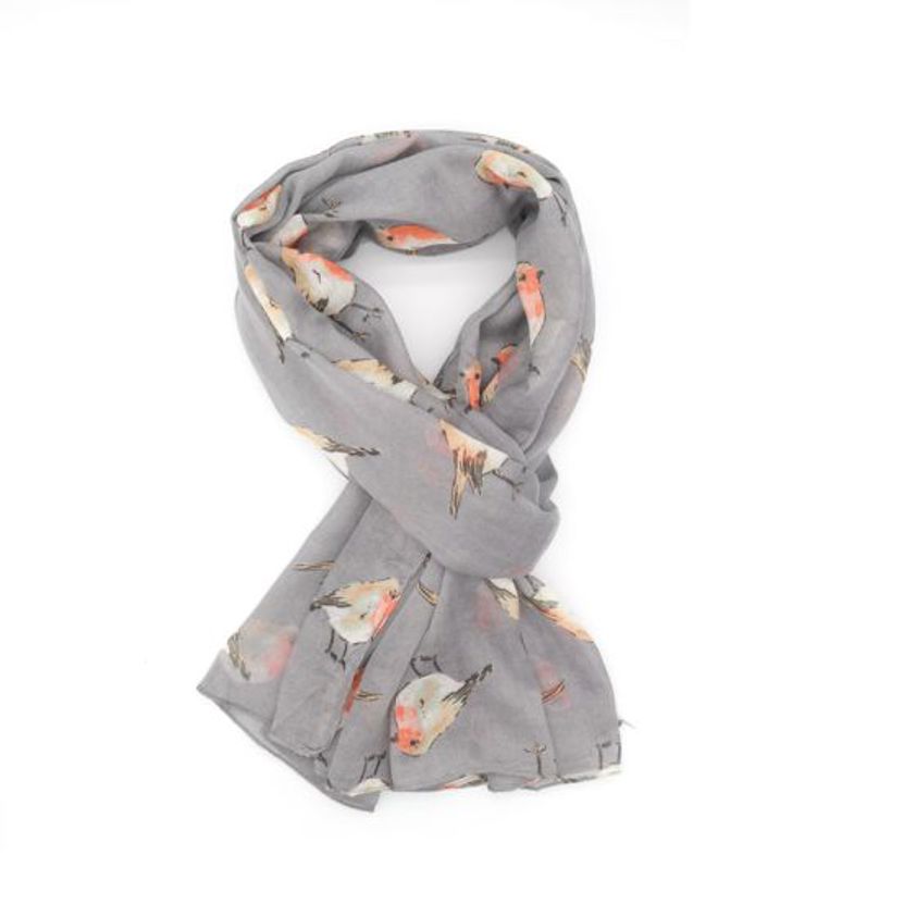 Grey Watercolour Robins Scarf