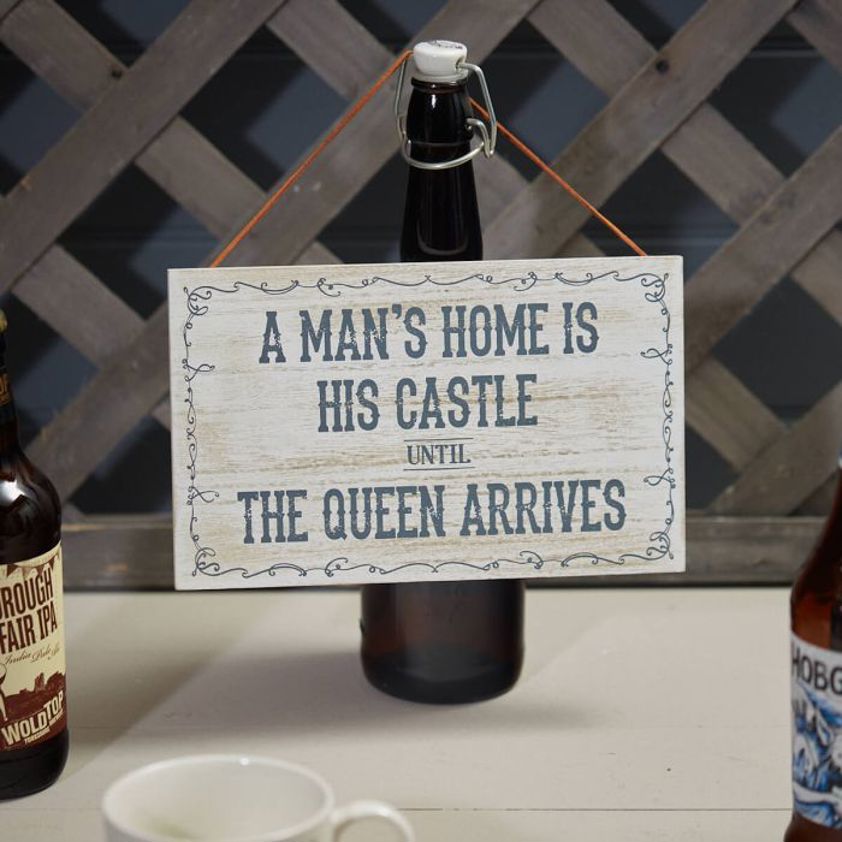 Mans Home Castle Plaque Whitewashed Wood