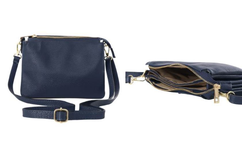 Navy Italian Leather Triple Section Crossbody Bag