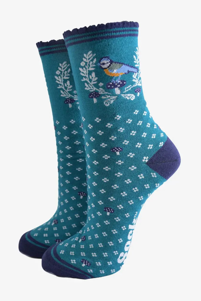 Women's Bamboo Socks Teal Bluetit Wreath