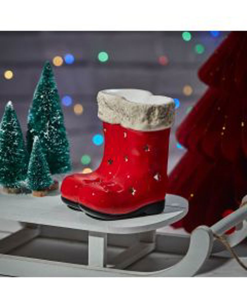 Christmas Cuties Santa Boots Wax Melt Burner Red Ceramic With 3D Holly