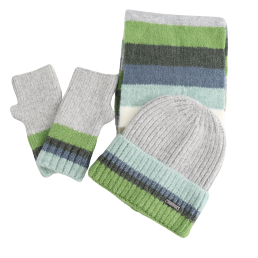 Blue Green Grey Hat Gloves Scarf Set