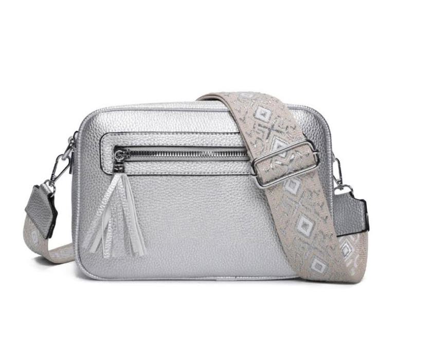 Silver Camera Bag with Canvas Strap - Four Zips, Three Pockets