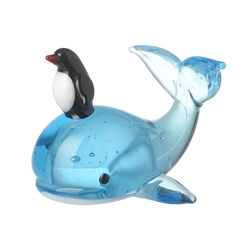 Glass Whale With Penguin miniature ornament