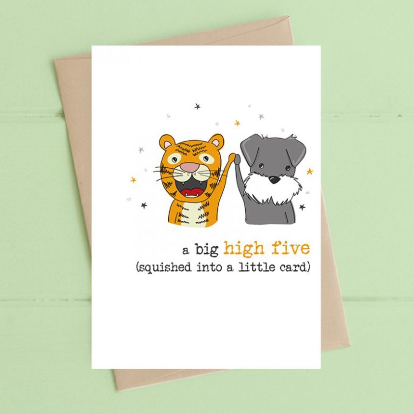 A big high five squished into a little card