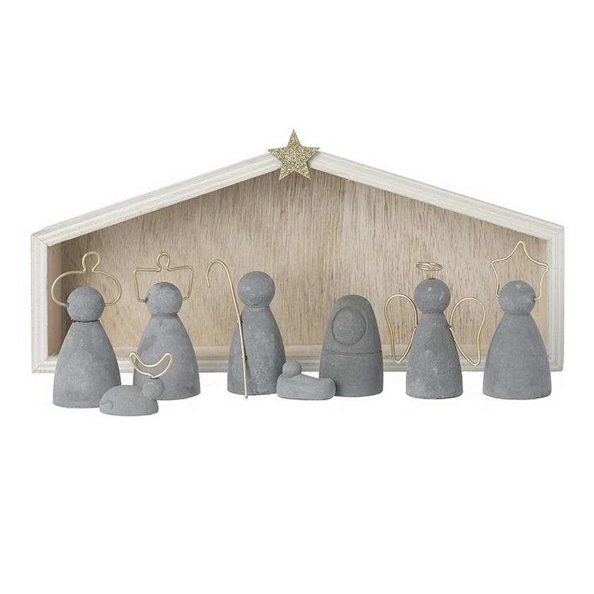 Concrete Nativity In Wooden Stable Set