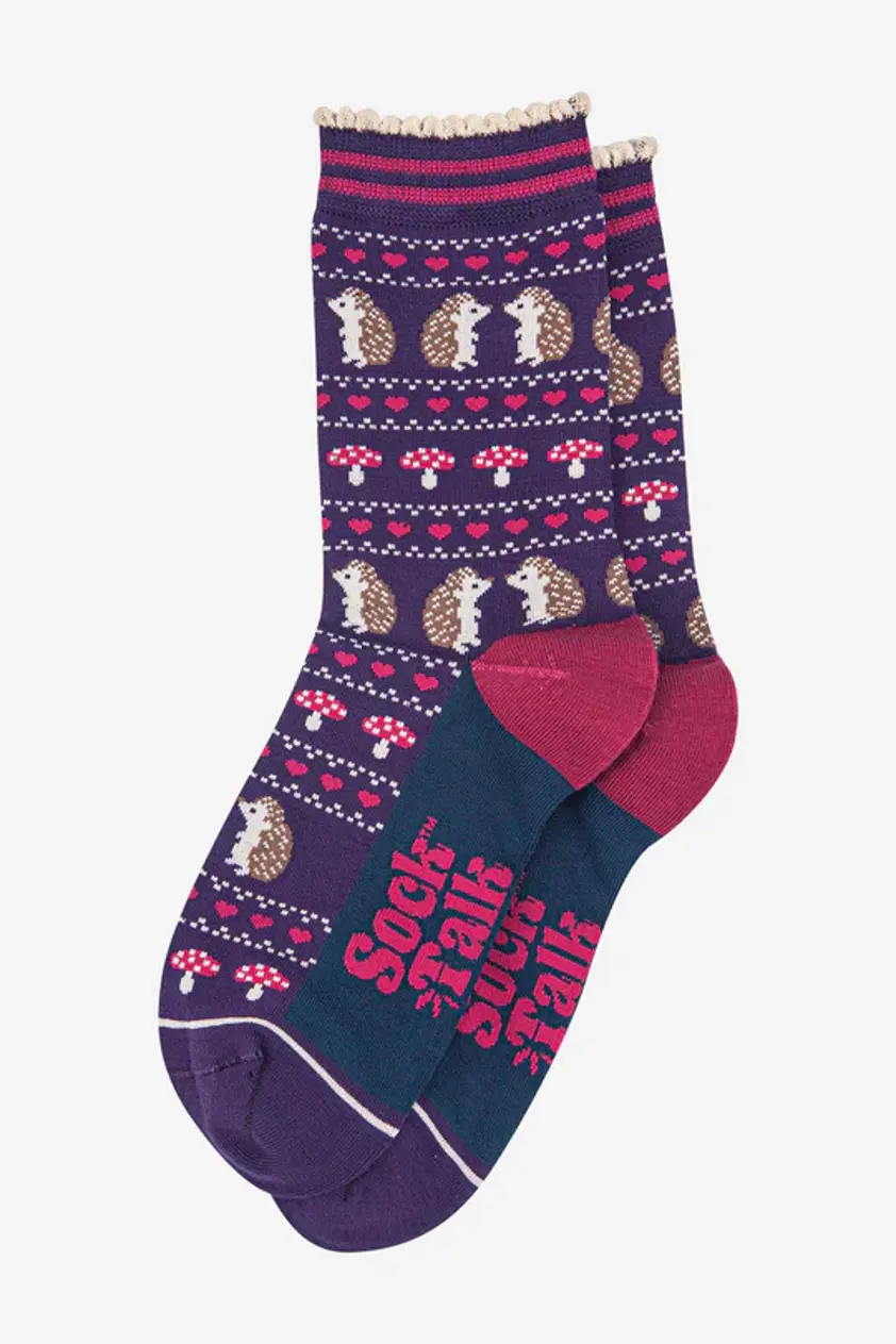 Women's Bamboo Socks - Navy Blue, Hedgehog Toadstool Fair Isle