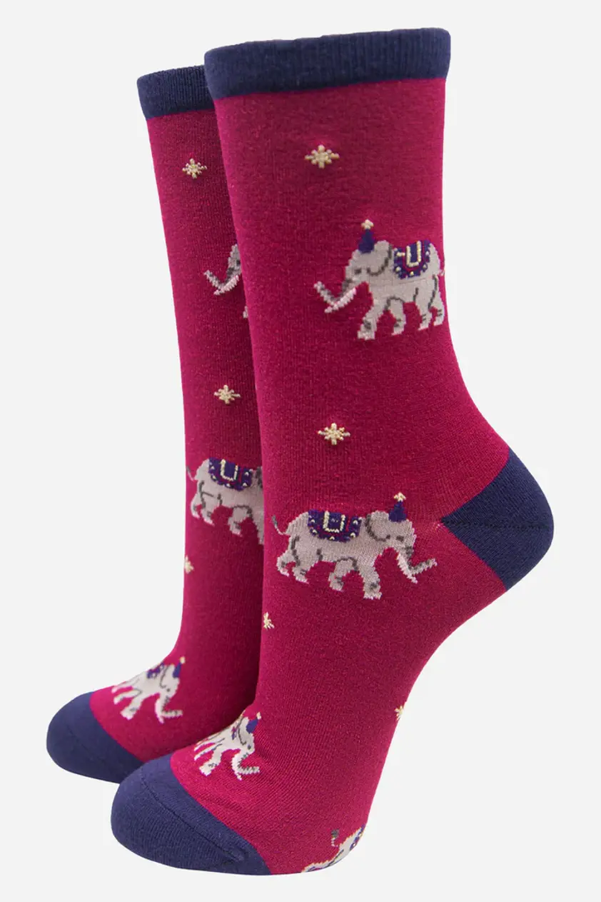 Fuchsia Women's Party Elephant Print Bamboo Socks