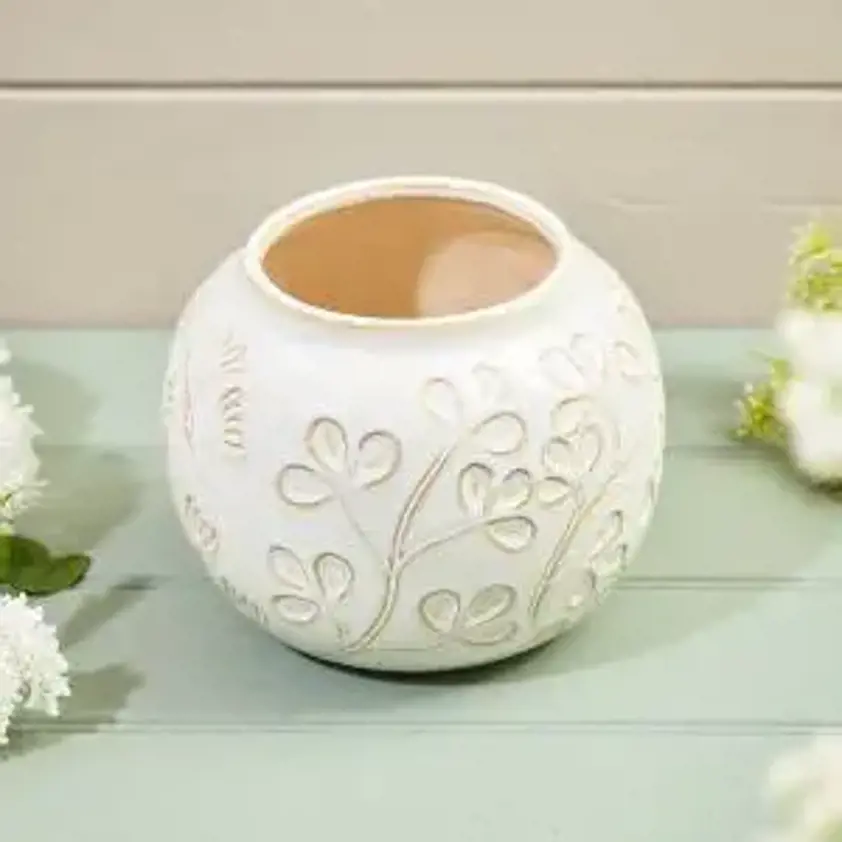 Ava Leaf Vase Or Planter Cream Debossed Ceramic