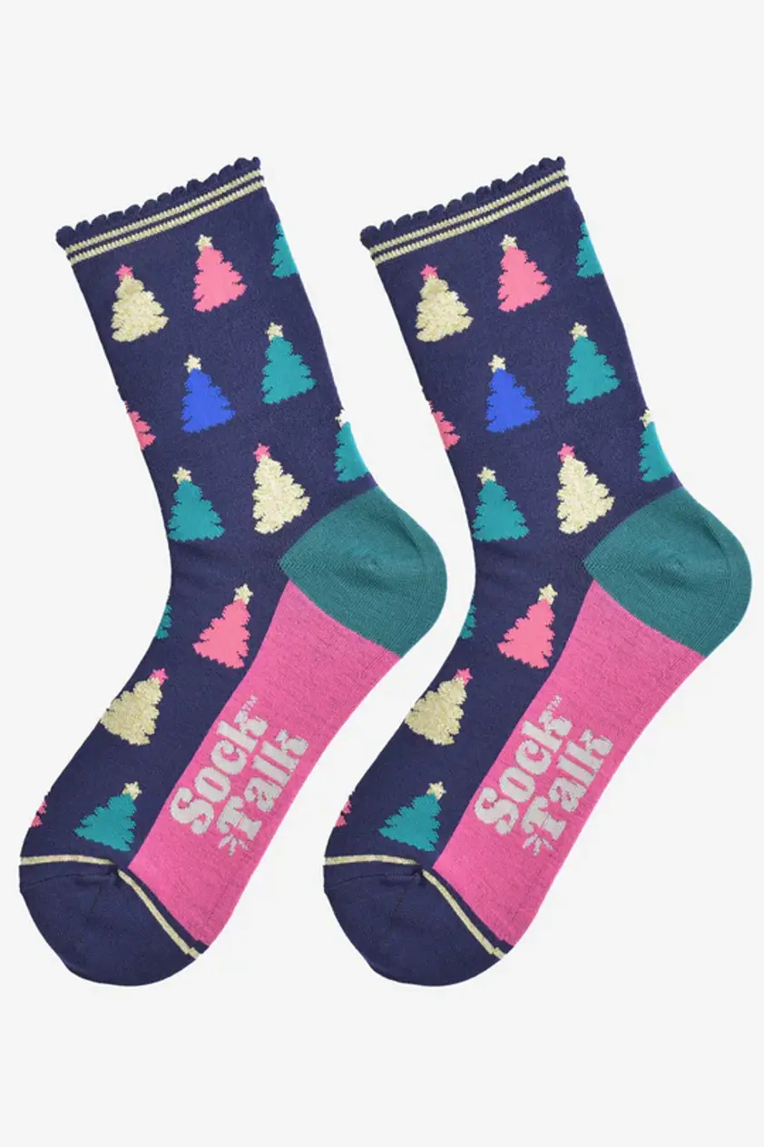 Women's Bamboo Socks - Navy Blue, Christmas Tree Repeat