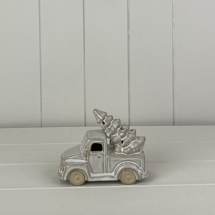 Glazed Ceramic Car Carrying Tree Ornament with Textured Detail and LED (10.2cm)