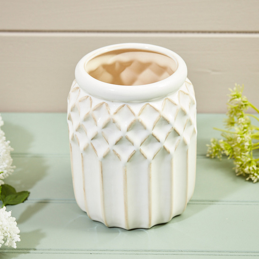 Etta Diamond Urn Vase Cream Embossed Ceramic