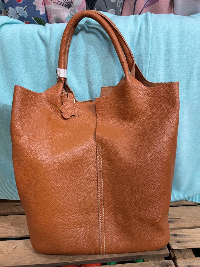 Caramel Leather Soft Tote Bag with Zipped Bag
