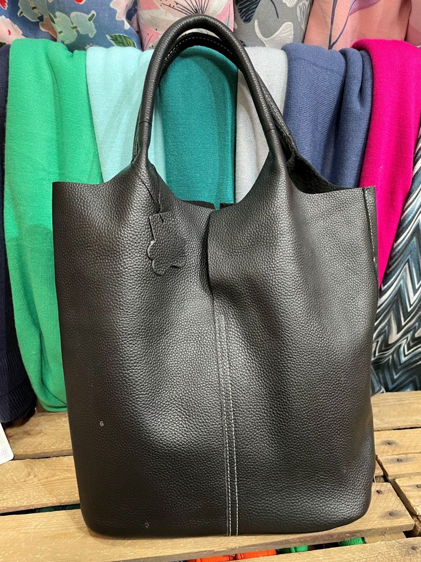 Black Leather Soft Tote Bag with Zipped Bag
