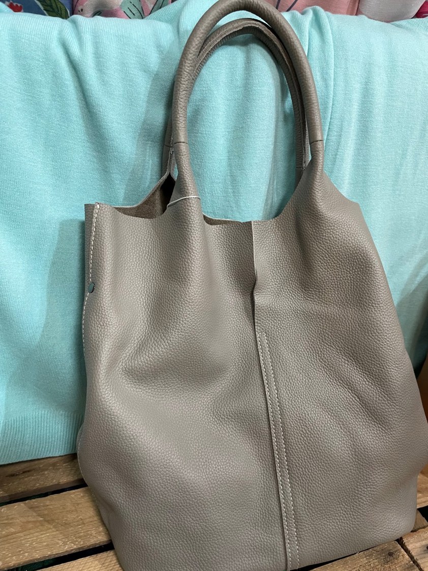 Grey Leather Soft Tote Bag with Zipped Bag