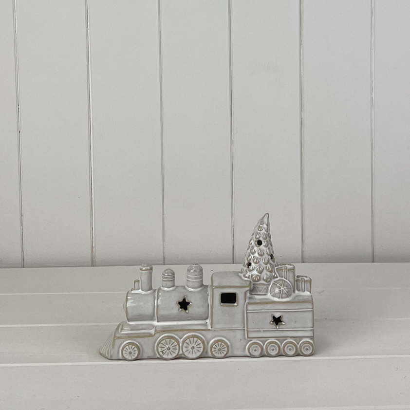 Glazed Ceramic Train Ornament with Textured Detail and LED (13cm)