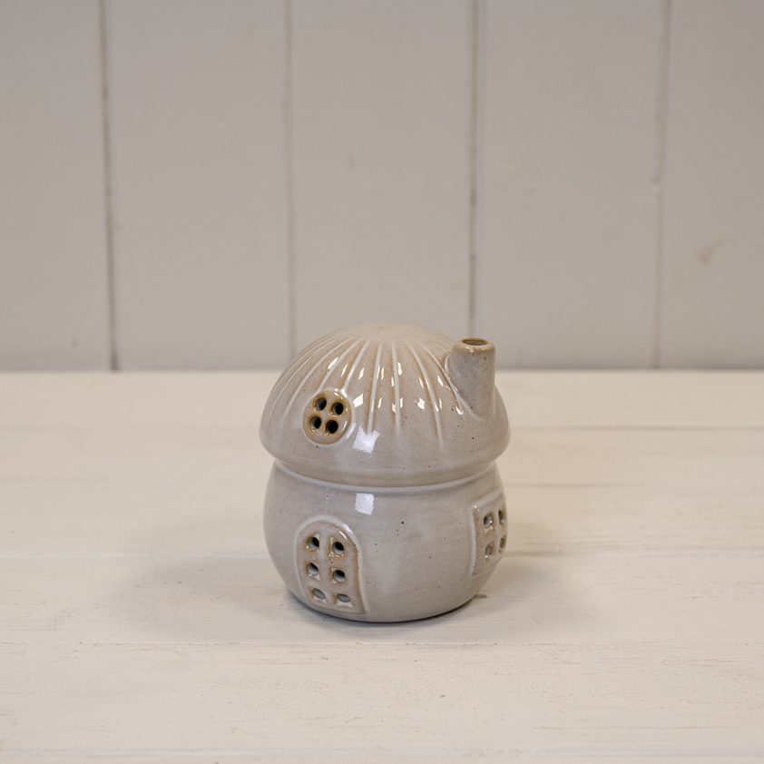 Glazed Ceramic Mushroom House with LED Ornament with Textured Detail L9xW9xH9.9cm