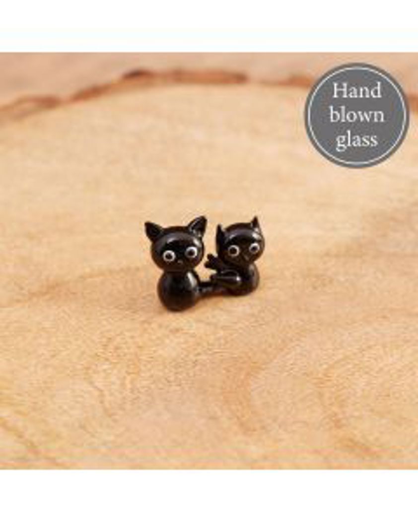 Glass Double Cat Ornament Black With Big Eyes Hand Blown