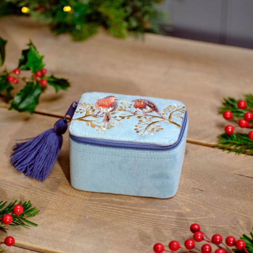 Festive Robin Velvet Jewellery Box With Embroidery And Beads