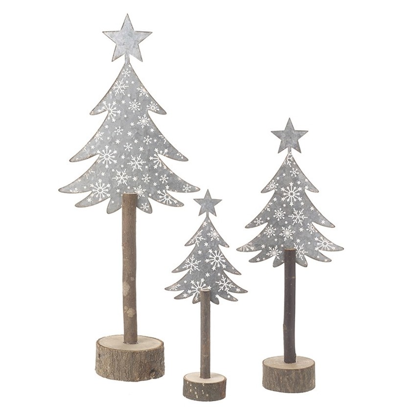 Silver Snowy Trees On Wooden Base Lge