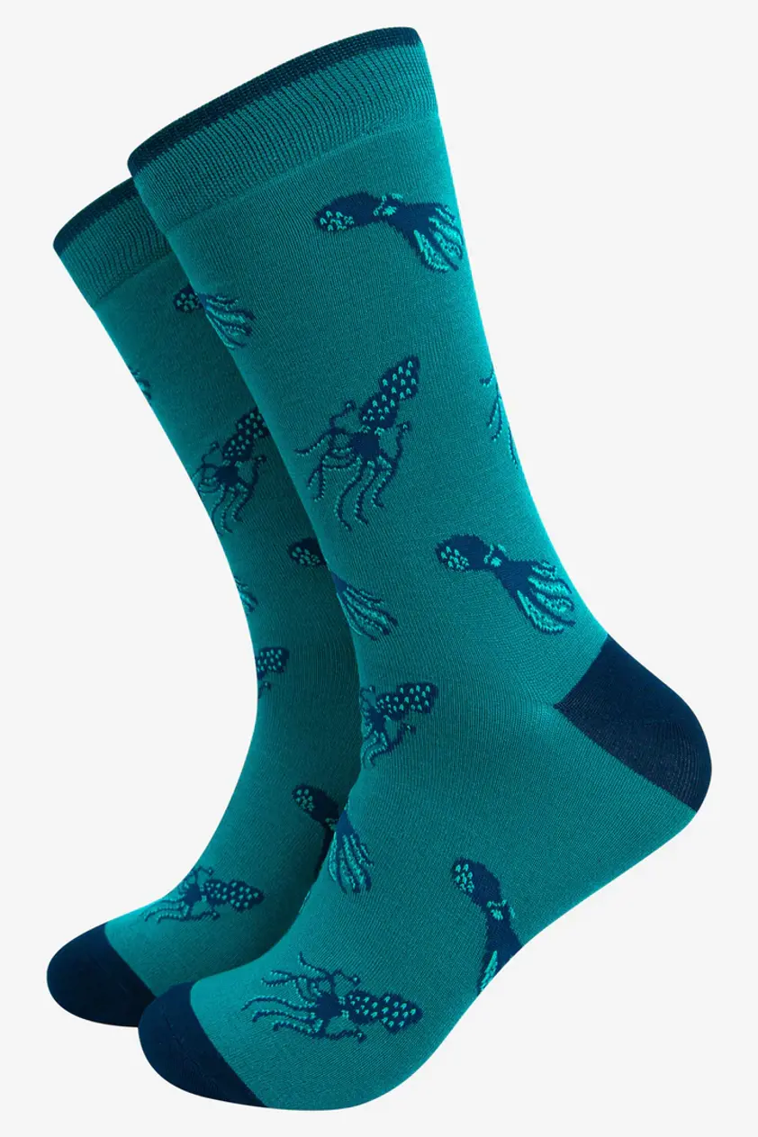 Men's Squid and Octopus Print Bamboo Socks in Aqua