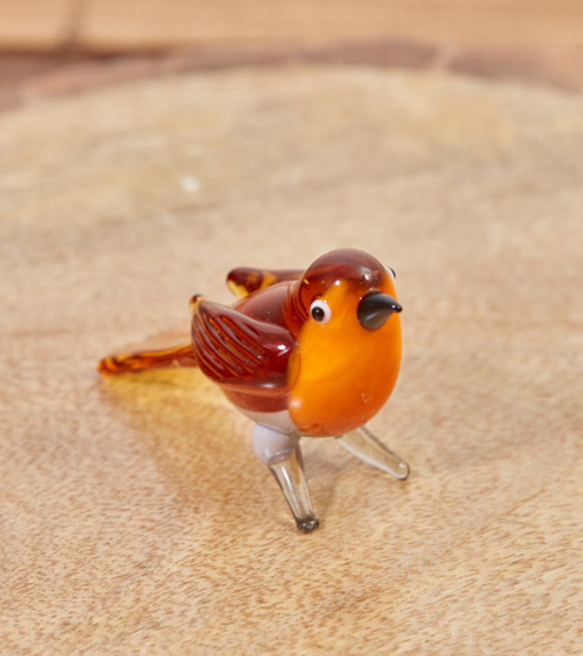 Glass Robin Ornament In Box Brown With Clear Legs