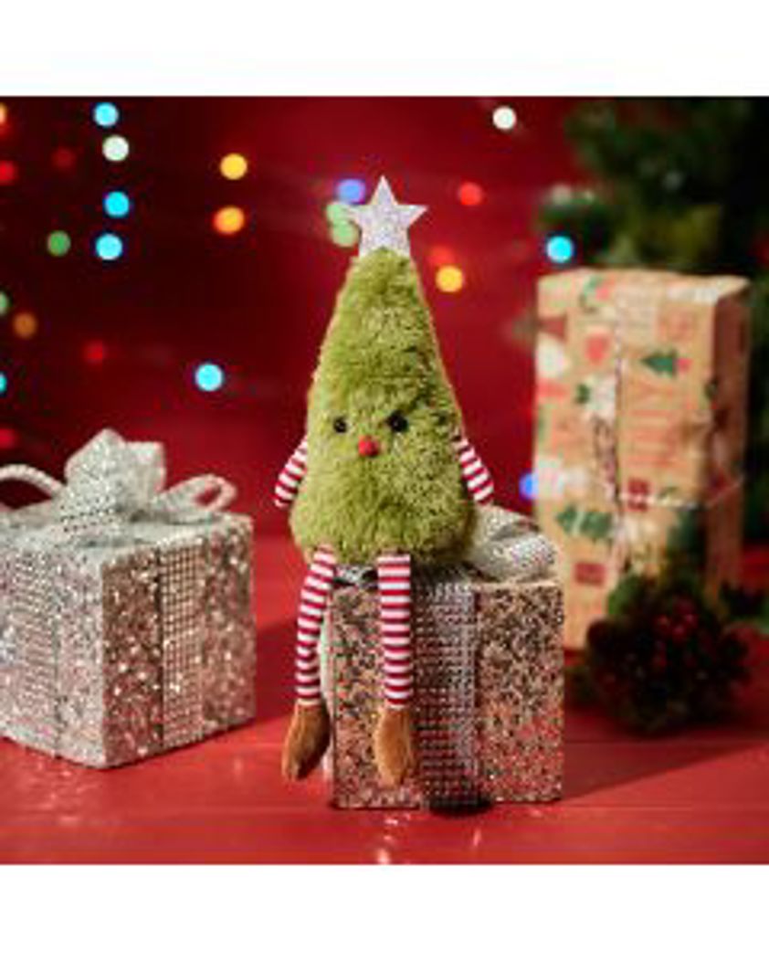 Christmas Tree Shelf Sitter Green Tinsel Plush Fabric With Stripe