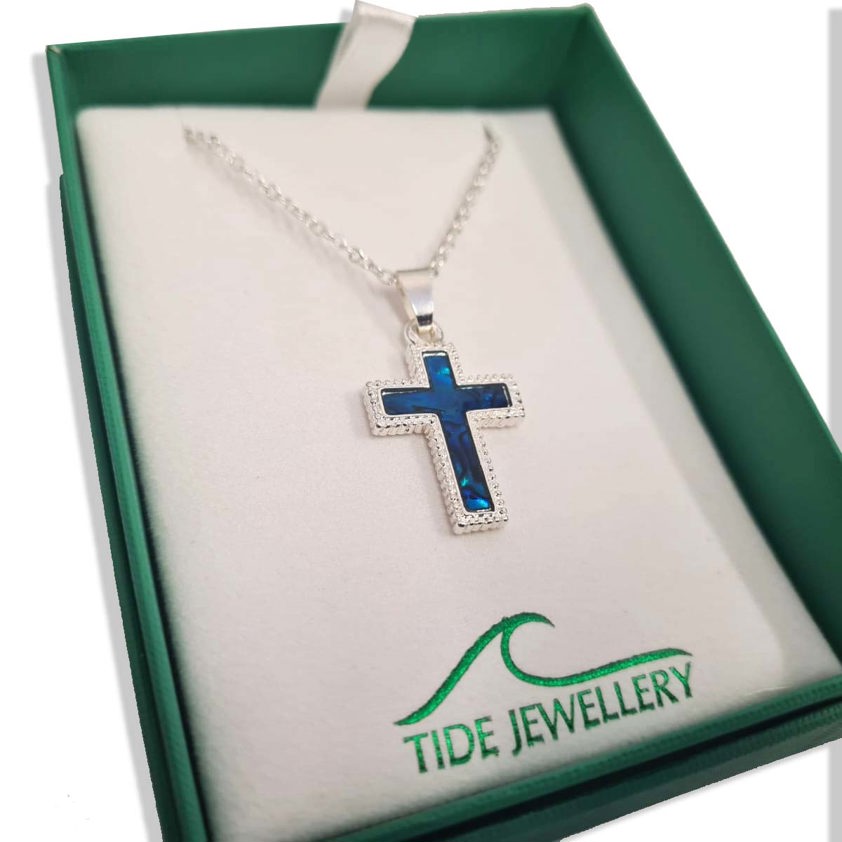 Cross Pendant Necklace - Inlaid Paua Shell, Silver Plated, Blue