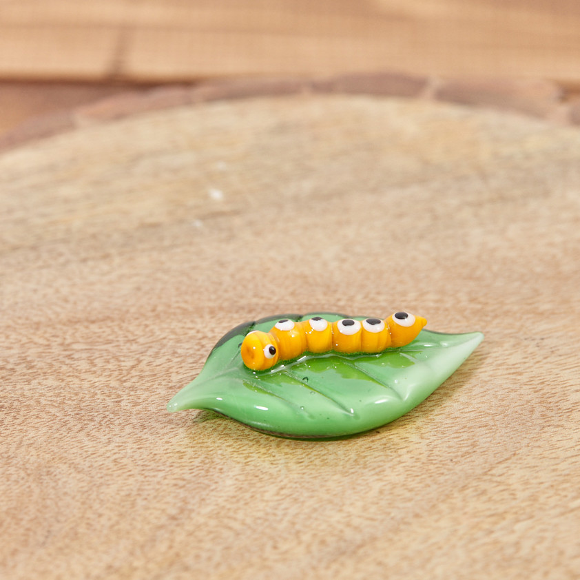 Glass Caterpillar Ornament In Box Yellow On Green Leaf