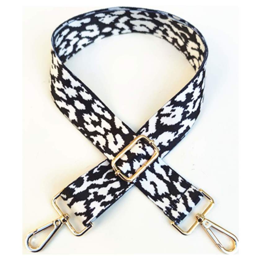 Black and White Animal Print Bag Strap With Metallic Detail