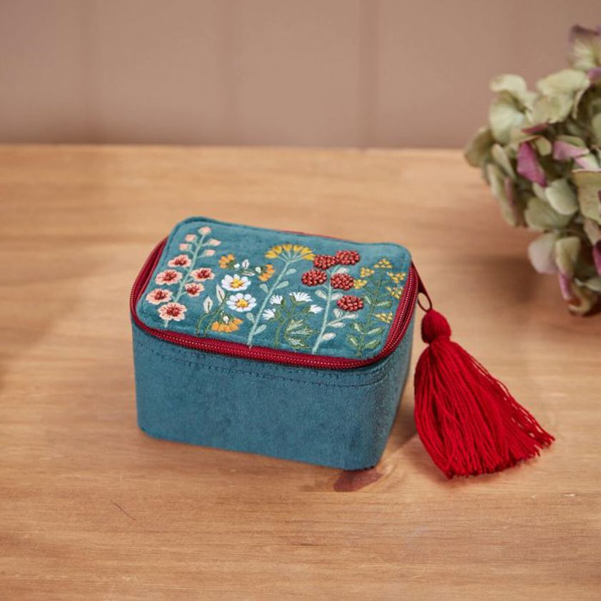 Floral Jewellery Case Blue Velvet Embroidered & Beaded