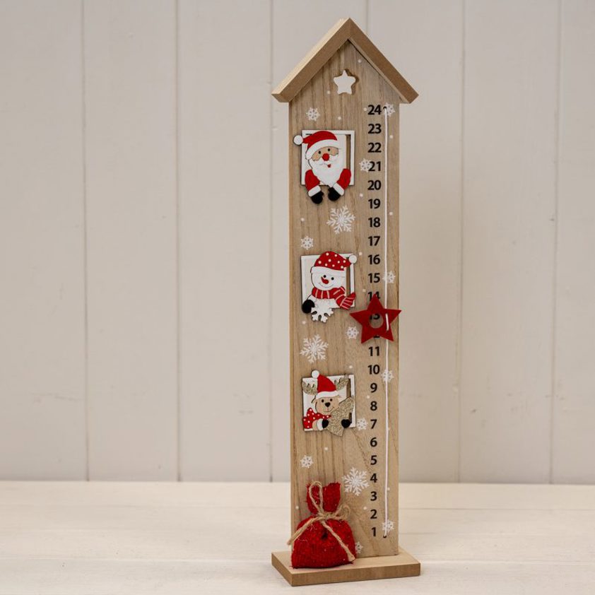 Wooden House Advent Calendar with Red Santa and Snowman