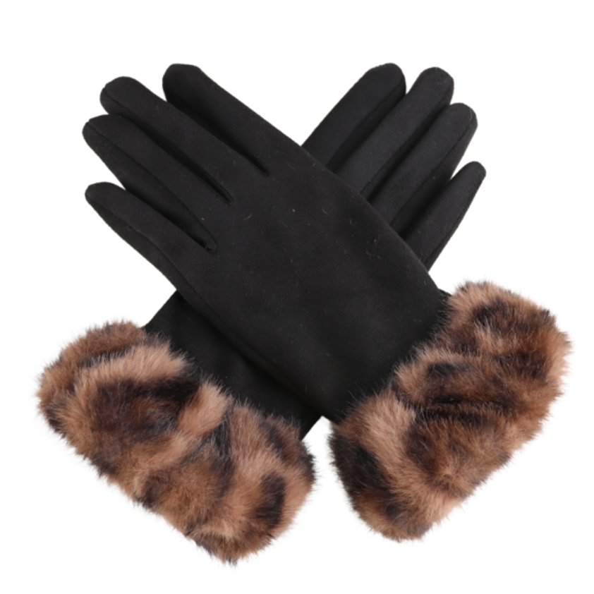 Faux Fur Leopard Cuff Gloves Black
