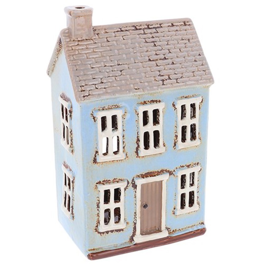Village Pottery Tiled Tall Blue House Tealight