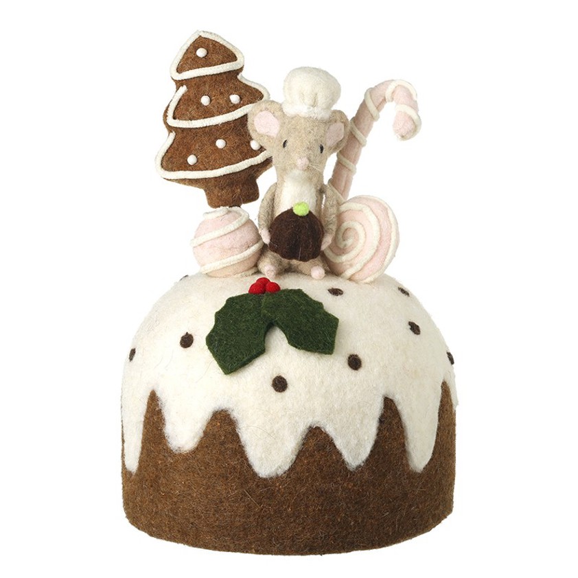 Felt Mouse On Christmas Pudding with Tree