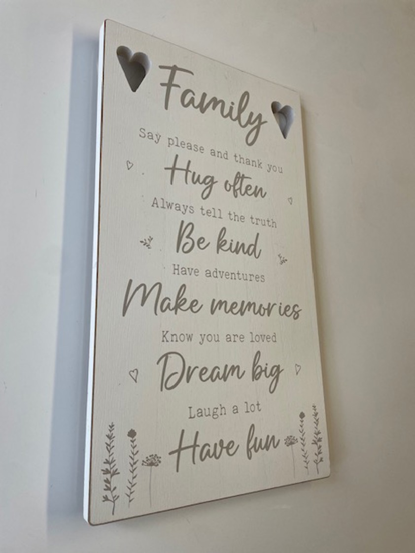 Family Wood Cut Out Heart Plaque With Wording