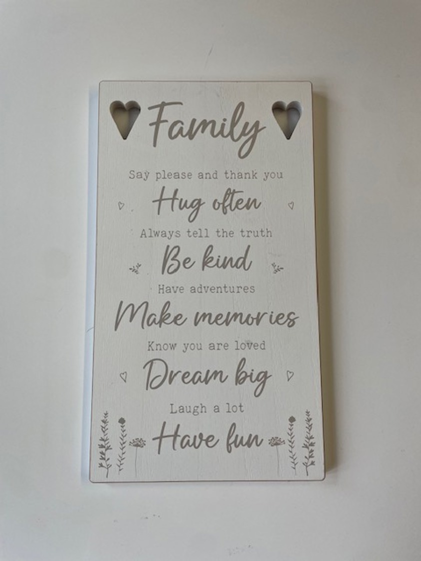 Family Wood Cut Out Heart Plaque With Wording
