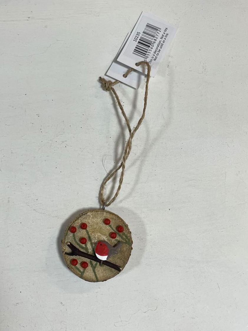 Robin and Berries On Log Round Hanging